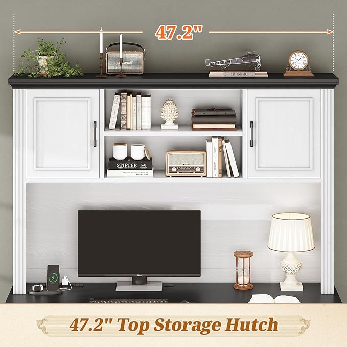 SEDETA Farmhouse Computer Desk with Hutch and 3 Drawers, 47.2" Executive Office Desk with Storage Drawers, Wood Desk with Power Outlet for Home Office, White