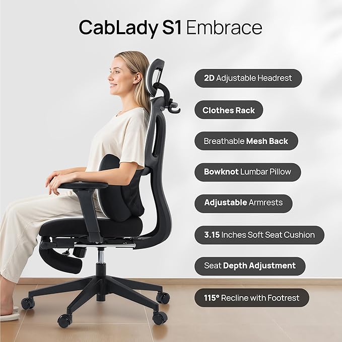 CabLady S1 Petite Ergonomic Home Desk Chair with Footrest and Headrest, High Back Fixed Lumbar Support with Detachable Pillow, Reclining Cute Office Chair for Women & Girls, 300 LBS Capacity
