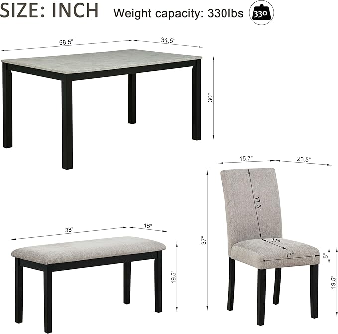 6-Piece Dining Table Set with Bench Solid Wood Kitchen Table with Concrete-Effect Tabletop and 4 Upholstered Chairs Comfortable Seating for Kitchen Restaurant Grey and Black