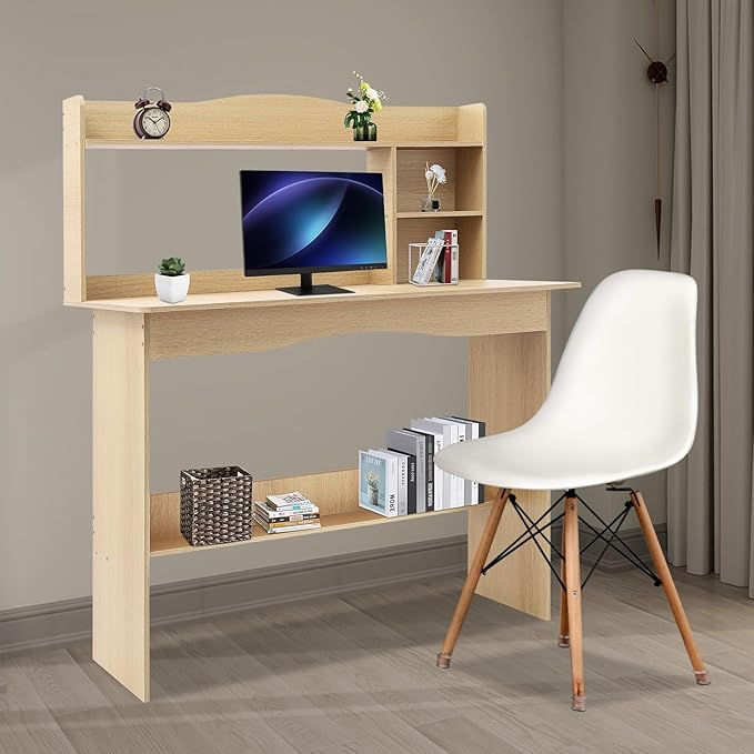 Desk for Small Spaces, Computer Desk Study Writing Desk, 40 X 19 X 47in Home Office Workstation PC Laptop Table Computer Desk with Hutch for Bedrooms Living Room (Wood Color)