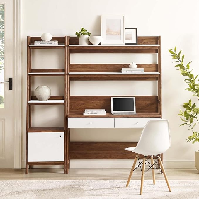 Modway 2-Piece Home Office Desk and Bookshelf Display Case in Walnut White