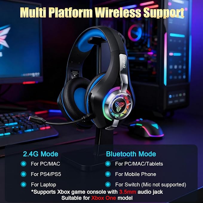 2.4GHz Wireless Gaming Headsets for PS5/PS4/Switch, 2026 RGB Noise Cancelling Headphones with Mics, 4-in-1 Connection, 7.1 Surround Sound, 40mm Drivers, Memory Foam, 45H Wireless Gaming Headphones