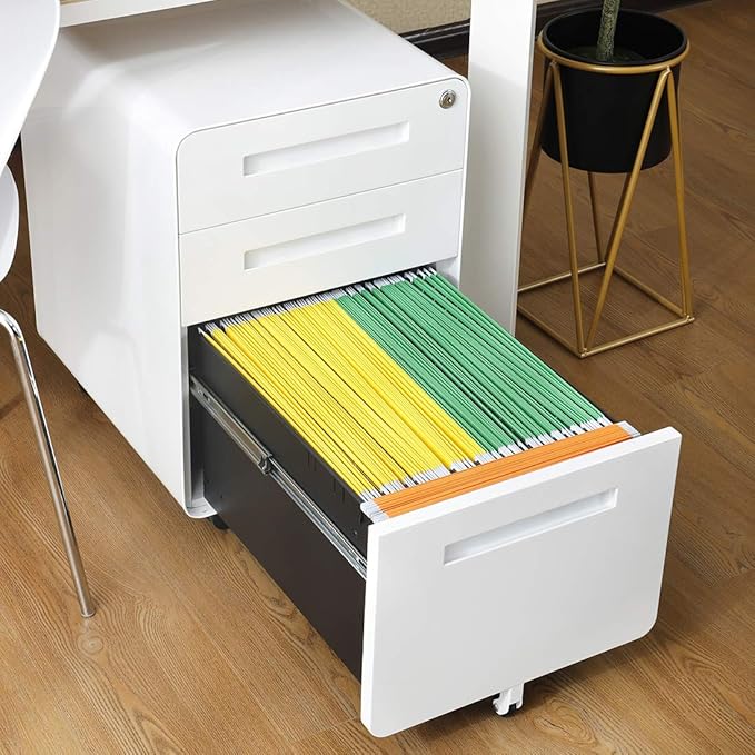 Garvee 3 Drawer File Cabinet with Lock, Under Desk Mobile Metal Filing Cabinet for Home Office, 5 Wheel Anti-Tilt Rolling File Cabinets for A4/Letter/Legal Size, Fully Assembled