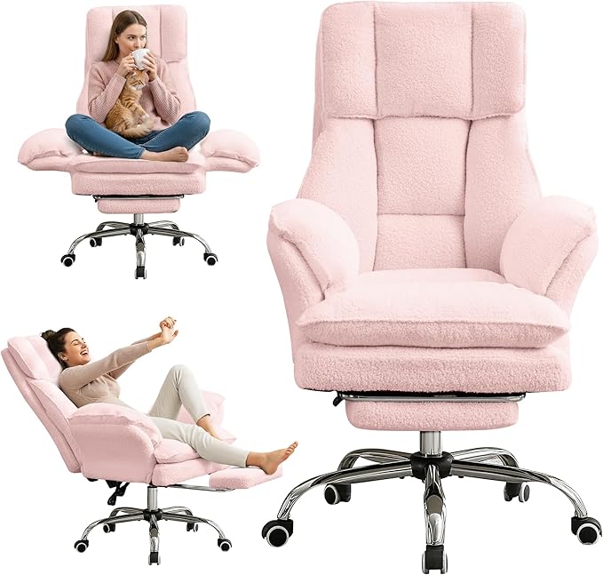 Ergonomic Cloud Cross Legged Office Chair with Footrest,Teddy Fleece Big and Tall Executive Chair with Wheels,Reversible Armrest,155° Reclining Computer Wide Desk Chair for Home,Office (Pink)