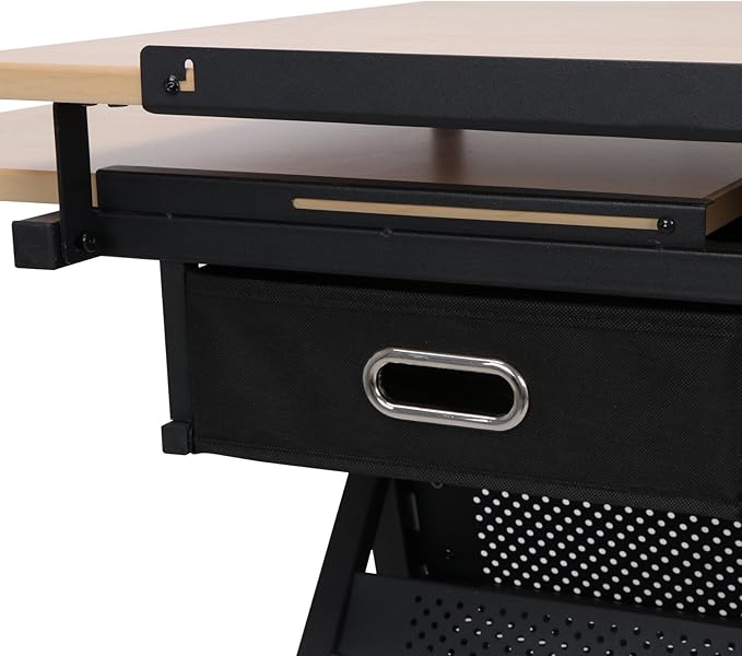 Adjustable Drafting Table Drawing Table, Tilting Tabletop Art Craft Desk w/2 Storage Drawers Stool for Home Office Crafting, Reading, Writing (Natural Wood)