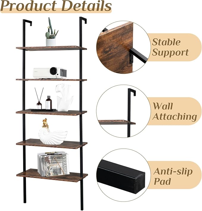 Karl home Ladder Shelf 5 Tier Wall Mounted Bookcase with Metal Frame,Open Design Shelves for Living Room,Bedroom,Home,Office,Rustic Brown (23.6" L x 11.8" W x 70.9" H)