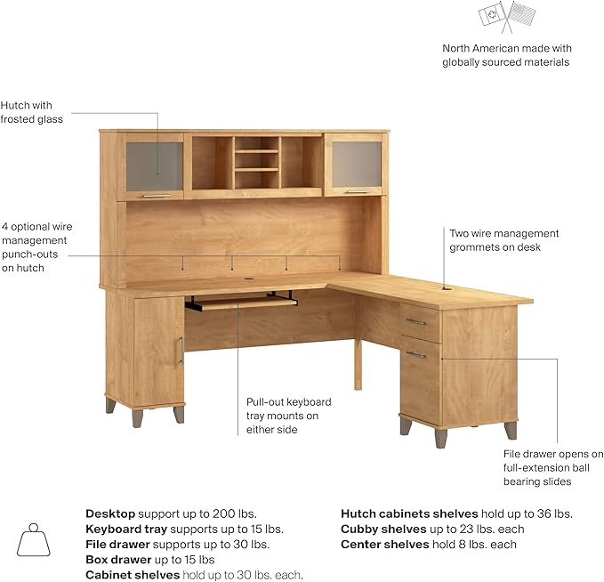 Bush Home 72-Inch L-Shaped Desk with Hutch, Corner Computer Office Desk with File and Box Drawers, Shelves and Storage Cabinet, Home Office Workstation, Somerset Collection, Maple Cross