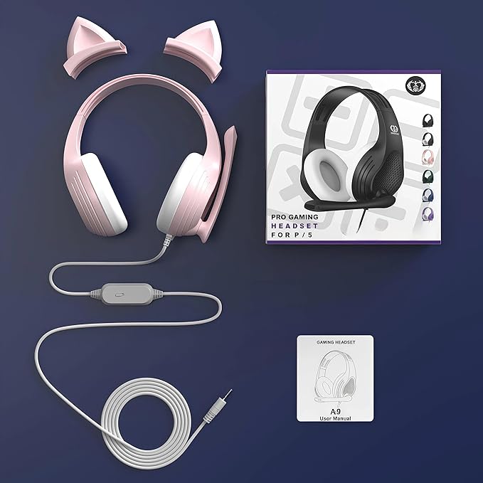 Pink Gaming Headset with Mic, Cat Ears, Stereo Surround Sound Wired Over Ear Headphones with Microphone, Soft Ear Pads, Noise Cancelling for Girls, Teens, Women
