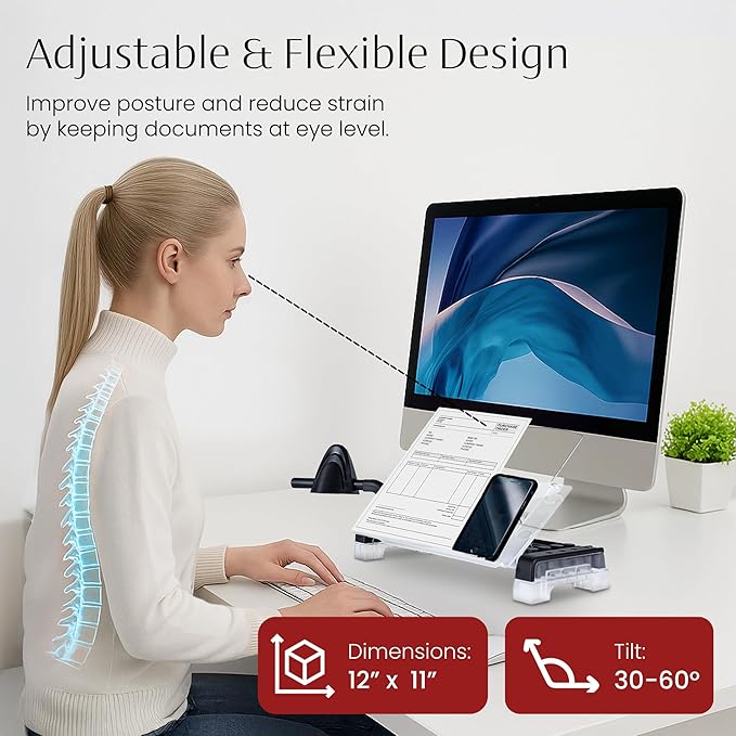MemoScape Adjustable in-Line Document Holder for Typing | Reduces Neck Strain, Improves Focus, Boosts Desk Organization, and Workflow | Paper Holder Stand for Desk and Home Office - White (VUR 2080)