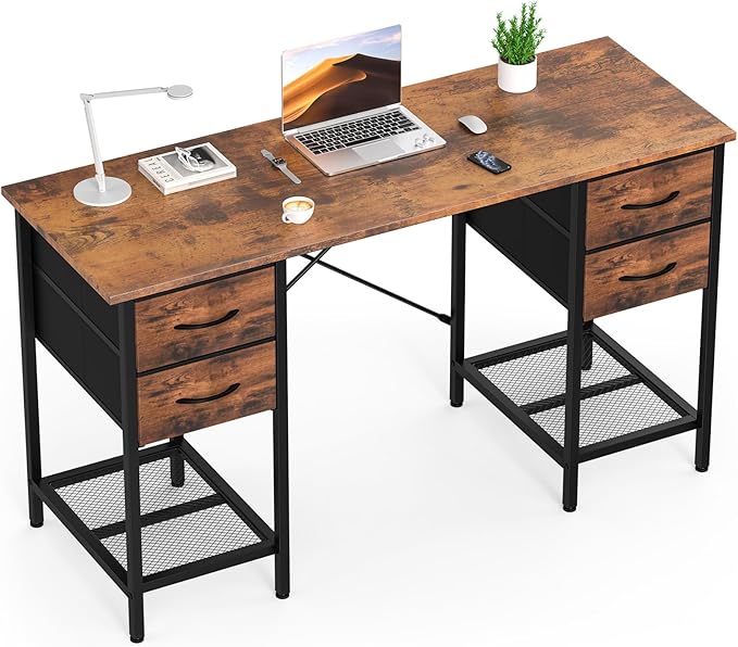 DUMOS Computer Desk with 4 Drawers Home Office Table with Mesh Shelf for Work Study Writing Gaming Storage Furniture for Bedroom,55 inch Rustic Brown