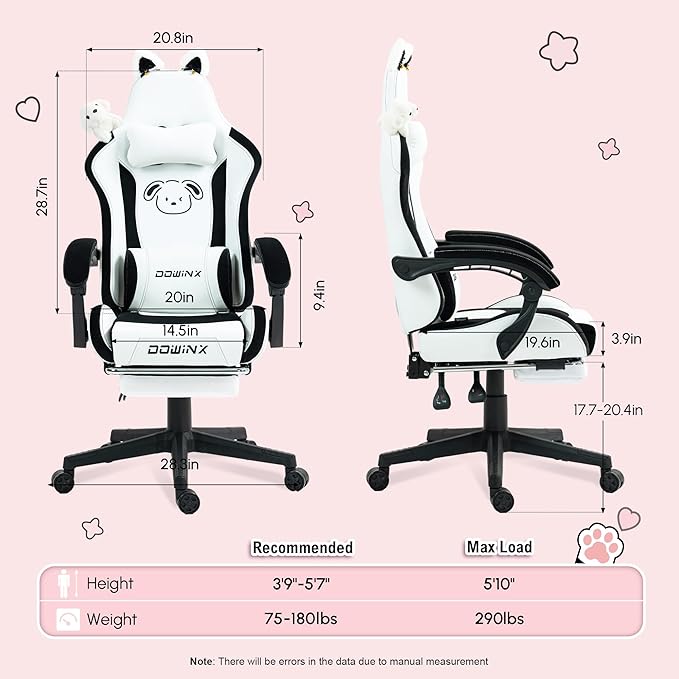 Dowinx Gaming Chair Cute with Plush Doggy and Massage Lumbar Support, Ergonomic Computer Chair for Girl with Footrest and Headrest, Comfortable Game Chair 290lbs for Adult, Teen, Black and White