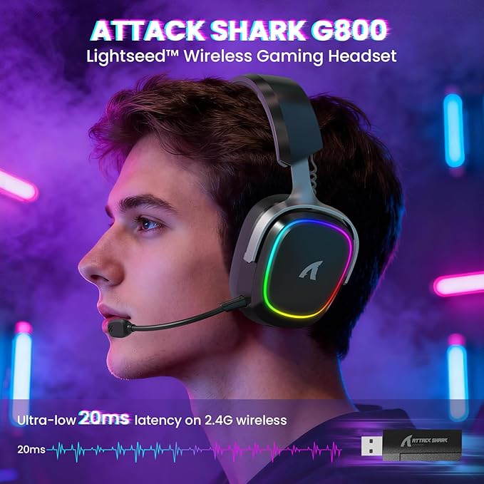 ATTACK SHARK G800 Wireless RGB Gaming Headset:7.1 Surround Sound-50mm Drivers-Memory Foam Ear Pads,Wired/2.4Ghz/BT,Ultralight,Durable Aluminum Frame,Detachable Mic,Programmable for PC Mac Gamer(Black)