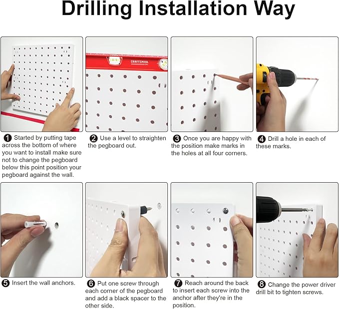 8PCS Pegboard Wall Organizer Panels, White Pegboard Wall Mount for Craft Room, Garage, Kitchen, Living Room, Bathroom, and Study Room, Peg Boards for Walls Easy to Install
