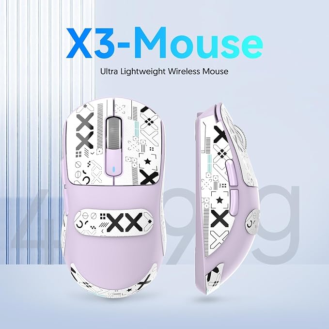 MAMBASNAKE x Attack Shark Wireless Gaming Mouse, 49g Ultralight, PixArt PAW3395 26000 DPI, Bluetooth/2.4Ghz /Wired Tri-Mode, 200Hrs Rechargeable Battery, Kailh GM8.0 Switch for PC/MAC/Win, Purple&Tape
