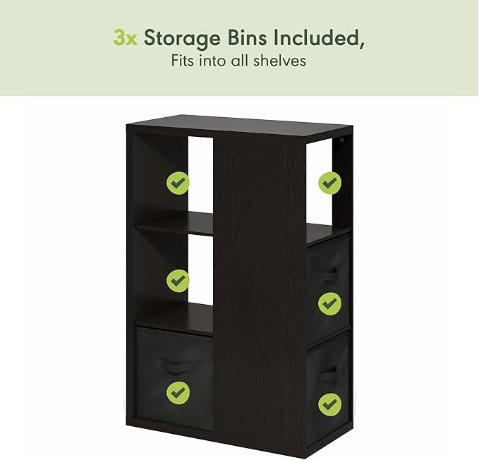 Furinno Viola Book Shelf, 3-Tier Bookshelf, Cube Storage Organizer Bookcase with Open Shelf, with Storage Bins, 13.6 x 29.3 x 43.8, for Living Room, Bedroom, Home Office, Dark Oak/Black