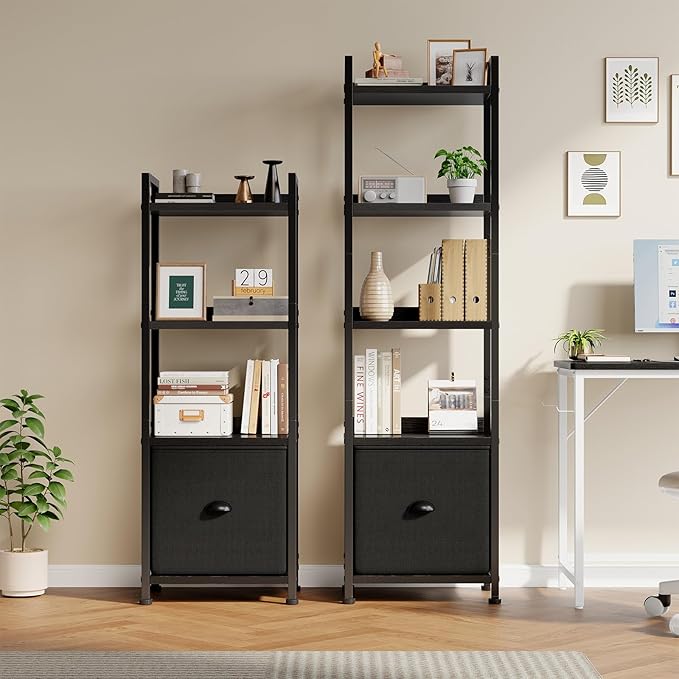 Sweetcrispy 4-Tier Bookshelf with Fabric Drawer, Wood-Metal Standing Display Shelf, Multi-Functional Organizer for Books, CDs and Movies, Suitable for Bedroom, Living Room, Black