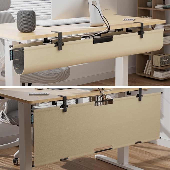 2-in-1 Under Desk Cable Management Tray & Privacy Panel, Dual-Sided Thick Felt Cord Organizer with 20 Cable Ties,Heavy Duty Steel Frame Support, No-Drill Clamp Mount,Large Capacity (Khaki/Gray, 45.2")