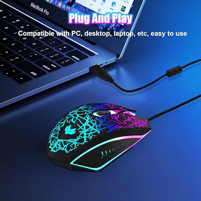 Wired Gaming Mouse, 4-Color LED Light Computer Mouse, Ergonomic Mouse with 6 Silent Click Buttons, 3 Adjustable 2400 DPI USB Wired Mouse for Laptop, PC, Mac, Black