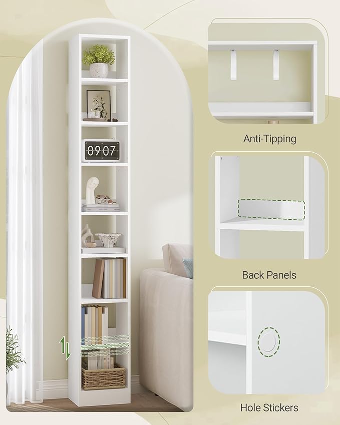 Hzuaneri Bookcase, Tall Narrow Bookshelf, Open Display Storage Shelf, Skinny Cube Book Shelf with Adjustable Shelves, CD Rack for Living Room, Home Office 8-Tier(9.4 x 11.8 x 72 inch) White BC89603X