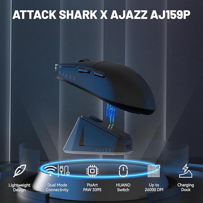 ATTACK SHARK x Ajazz AJ159P Gaming Mouse with Magnetic RGB Charging Dock,2.4G Wireless Gaming Mouse PAW3395 Sensor 26K DPI,1K Polling,6 Programmable Buttons,Ergonomic Computer Mice USB3.0 for PC/MAC