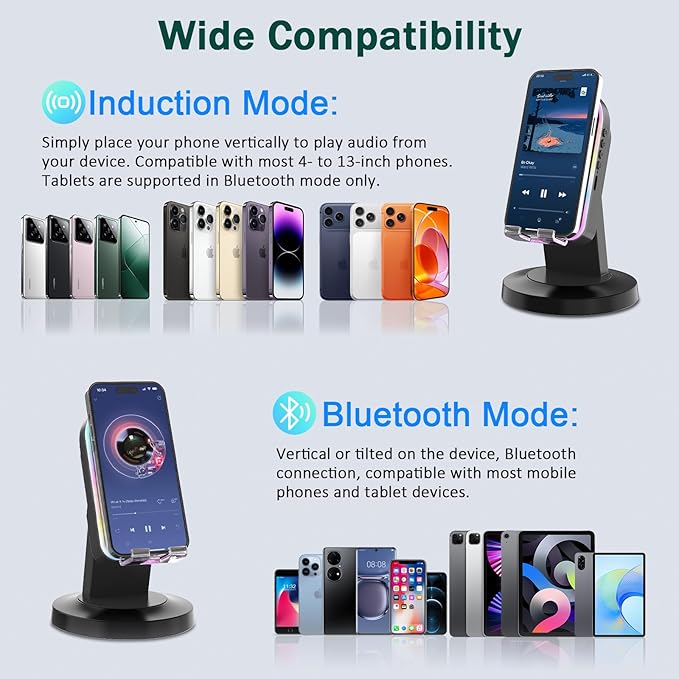 Wireless Induction Speaker with 360° Rotatable Base, Phone Stand with Bluetooth Speaker and RGB Light, Cell Phone Speaker Amplifier for Desk, Kitchen, Unique Tech Gifts for Men and Women (Black)