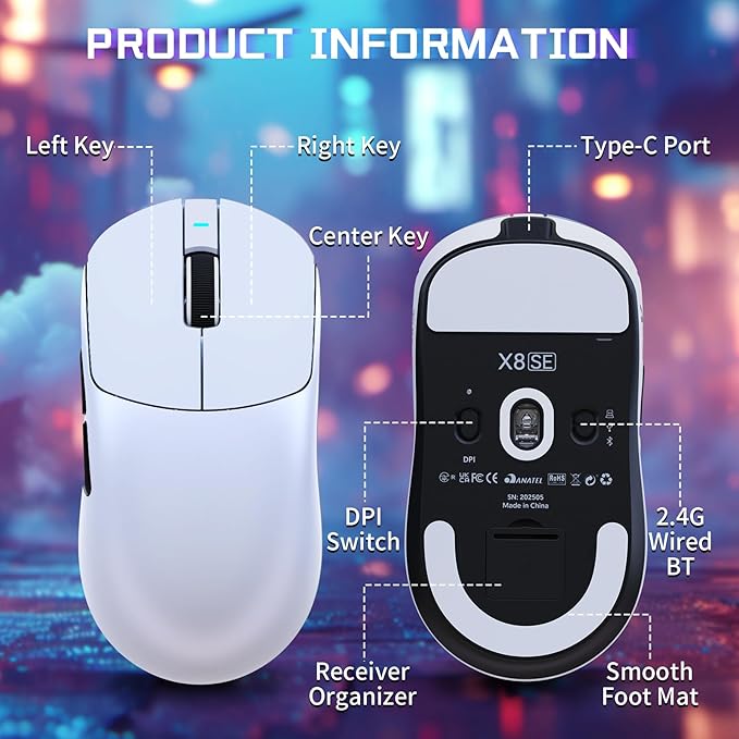 ATTACK SHARK X8SE Wireless Gaming Mouse,Adjustable 25K DPI PAW3311 Optical Sensor,Ergonomic 59g Lightweight,Triple Modes 2.4G/BT/USB-C Wired,500mAH Battery,5 Programmable Buttons for PC/Mac-White