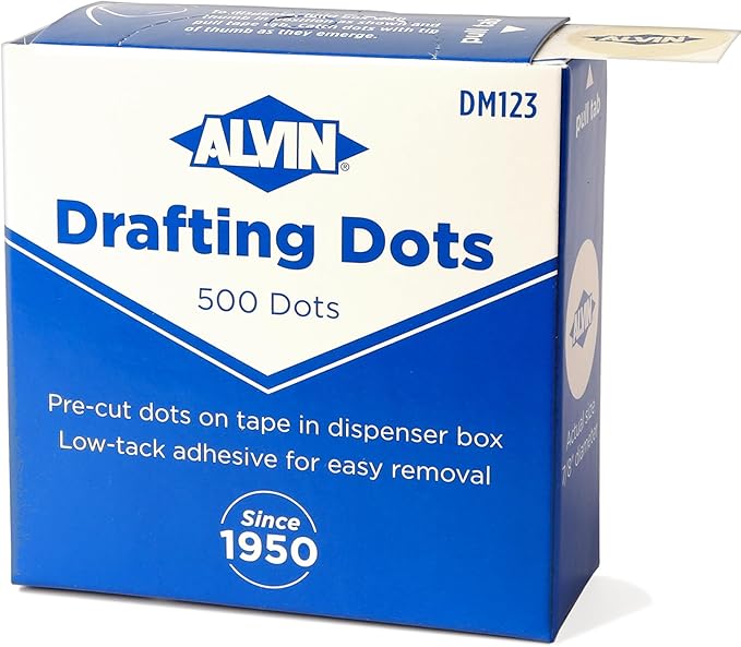 Alvin Drafting Dots – 500 Pre-Cut 7/8” Dots, Low-Tack Adhesive, Clean Removal, Easy Dispenser Box – Ideal for Drafting, Tracing, and Art Projects