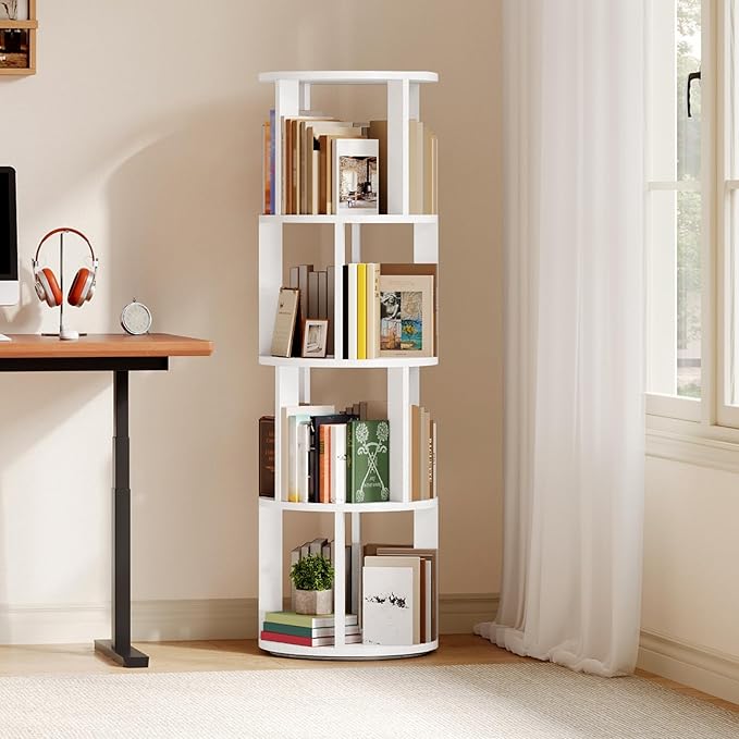MAHANCRIS 4-Tier Rotating Bookshelf, 360° Spinning Bookshelf Tower, Floor Standing Round Revolving Bookcase, Display Rack for Books, CDs, for Living Room, Study, Bedroom, White BKWT6401