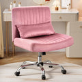 Warmiehomy Velvet Criss Cross Desk Chair with Wheels, Luxury Cross Legged Office Chairs for Home Office, Swivel Wide Seat Vanity Chair, Armless Adjustable Height Gaming Chair Gift, Rose Pink