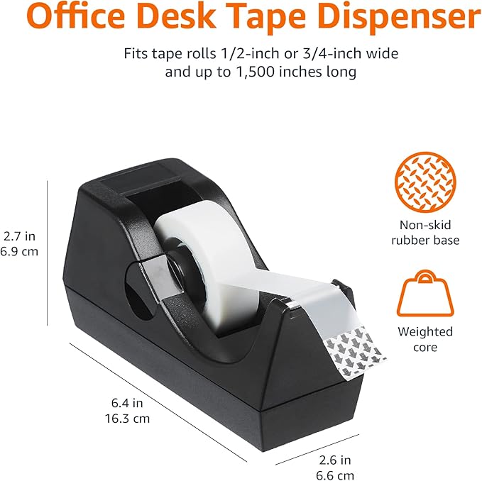Amazon Basics Weighted Desktop Tape Dispenser with Non-Skid Base, Desk Accessory, 24-Pack
