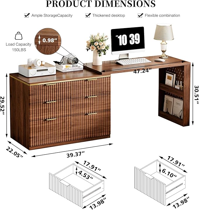 Ieejdn L Shaped Standing Desk,47" Home Office Desks, Executive, Farmhouse Computer Desk with 6 Drawers File Drawer, Rustic Computer Writing, Walnut