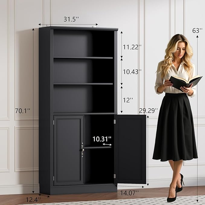 BORNOON 70.1" Tall Bookshelf with Cabinet, 5-Tier Floor Standing Bookcase with Doors & Adjustable Shelves, 31.5" Wide Storage Shelf, Metal Handles, Modern Organizer for Home Office, Living Room