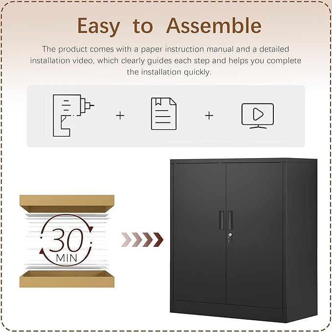 Metal Storage Cabinet, 36" H Locking Storage Cabinet, Metal Cabinets with Doors and 2 Adjustable Shelves for Home, School, Office, Garage, Black