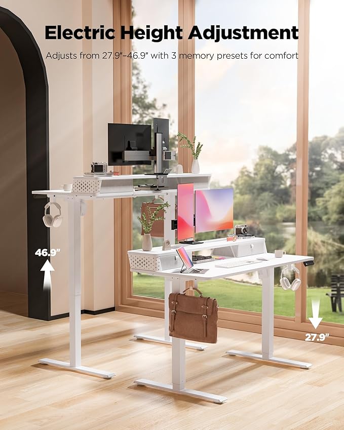 FiCiHi 40x24 Inch Standing Desk with Drawers, C-Clamp Mount Compatible, Electric Adjustable Height Computer Small Stand Up Desks, Home Office Sit Stand Table with 3 Preset Heights, White