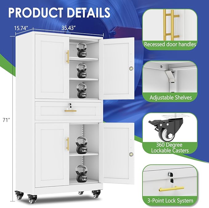 61" Metal Garage Storage Cabinet with Wheels and Locking Doors and Tall Rolling Steel Tool Cabinet with 5 Adjustable Shelves for Garage,Home,Office,Shop (White, 71" H x 35.43W x 15.74" D)