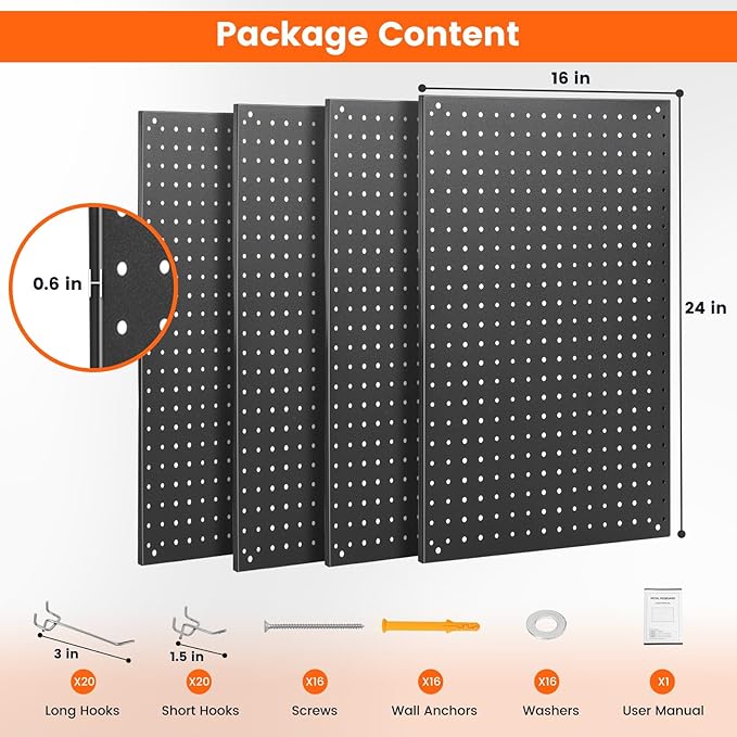 ENJOYWOOD Pegboard, 4 PCS 24"×16" Metal Peg Board Panels Black Modular Wall Organizer Kit with 40 Hooks, Dual-Size Hole Design for Home Tool Storage, Garage Organization, Kitchen, Office, Craft Room
