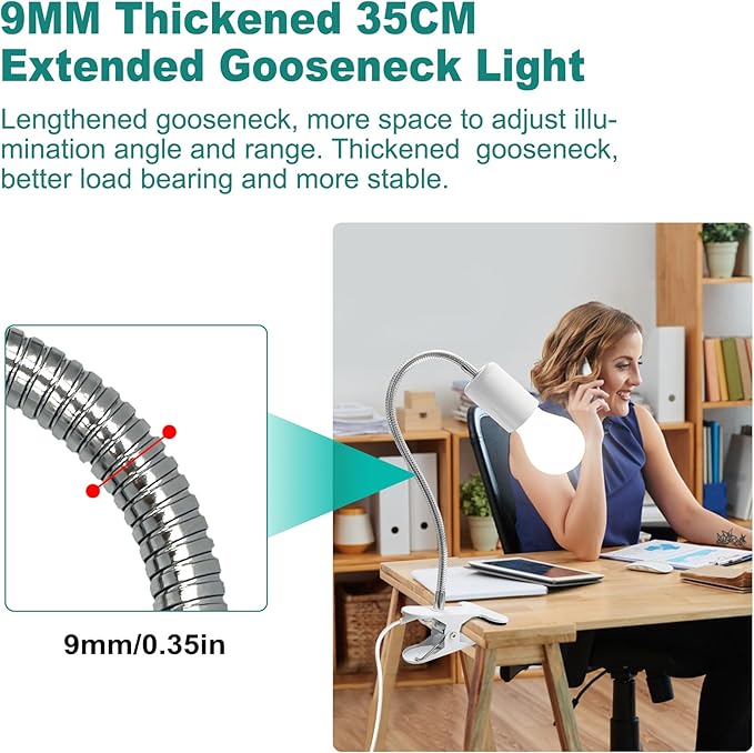 Desk Clip Lamp Holder, Clip on Light with Metal Clip Base,360° Flexible E26/E27 Book Clamp Light Fixture with 7.2 FT Cable, 9MM&350MM Thickened Lengthened Gooseneck Clamp Light Socket, for Study Work