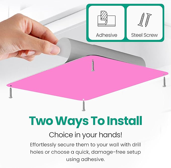 9 inches x 6.5 inches Stainless Steel Plate for Magnets, 3M Adhesive Back, Mounting Screws, Ideal for Magnetic Shelf, Spice Holders, Colorful Magnets as a Gift. Mount Anywhere! (Pink, 2 Pack)