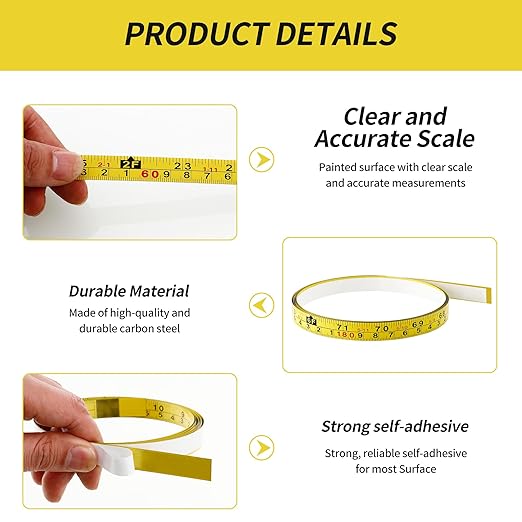 2 Packs Steel Self-Adhesive Measuring Tape, Right to Left Reading 200cm or 78-Inch Imperial and Metric Ruler Tape, 1/2-Inch Peel and Stick Tape Measure for Woodworking, Saw, Drafting Table, Yellow