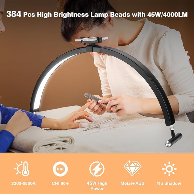 Mznoo Nail Light for Desk, 30'' LED Half Moon Lamp for Nail Techs, Manicure and Handicraft, Adjustable Color Modes and Brightness, with Phone Holder (Black)