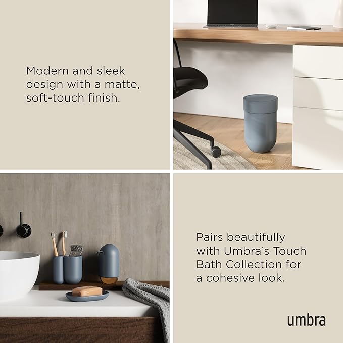 Umbra Touch Trash Can, Small Garbage Bin Waste Basket with Lid for Bathroom, Slate Blue