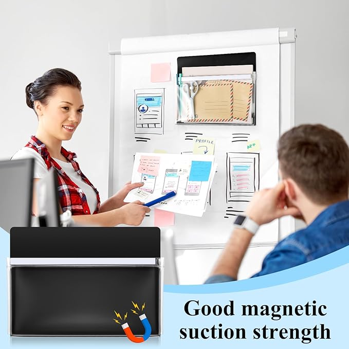 Henoyso 5 Pcs Magnetic File Holder 12 x 9.5 inches Paper Holder Magnetic Pen Dry Erase Marker Organizer Fridge Pocket Organizer for Whiteboard Refrigerator (Black)