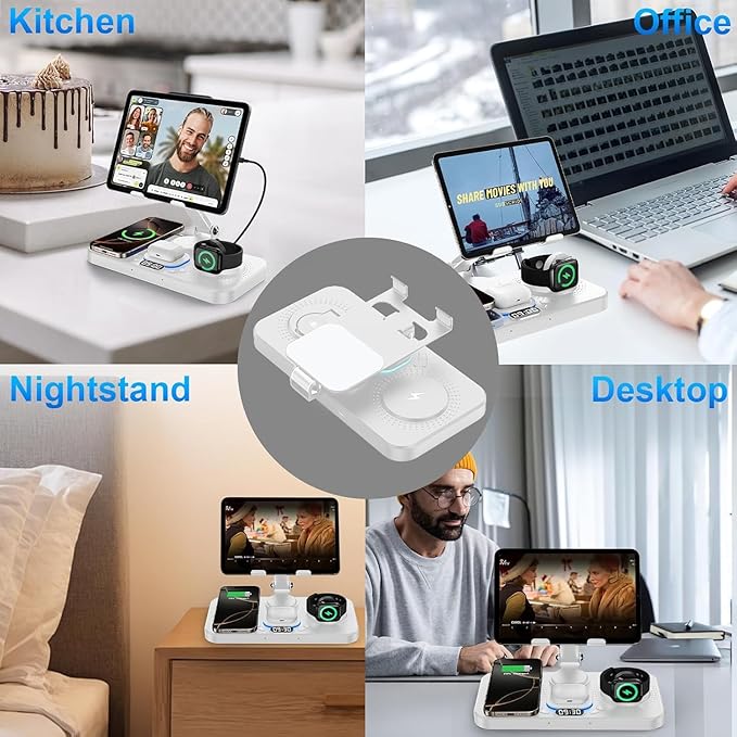 6 in 1 Wireless Charger for Apple Device, 30W Foldable Wired Charging for ipad with Clock & 7 Color Ambient Light, Nightstand Charger Station for iPhone 17/16/15/iWatch Series/AirPods 4/Pro 3(White)