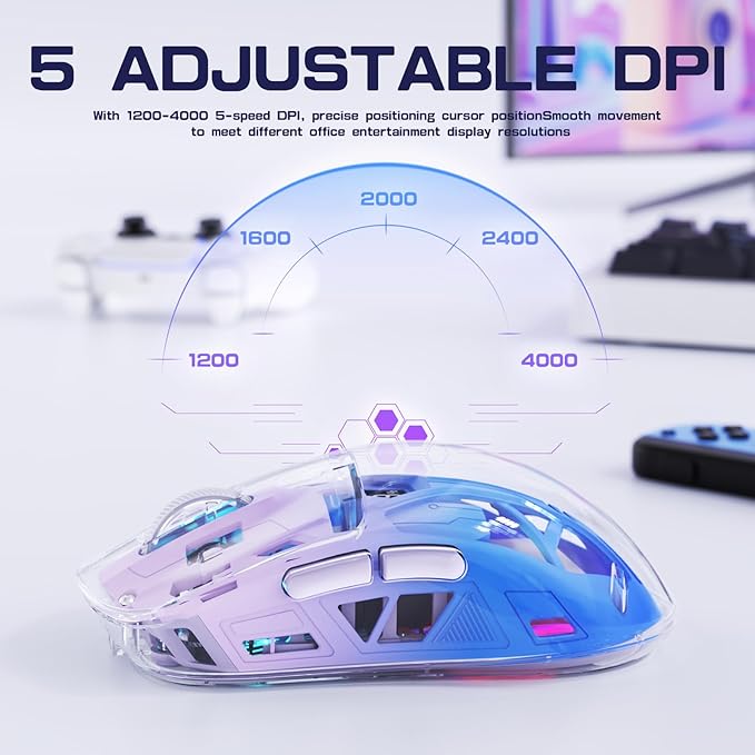 FREEWOLF A2 Transparent Wireless Gaming Mouse,Dual Mode BT 5.0/2.4G PC Gaming Mice,PixArt 3212 5 Adjustable DPI,Rechargeable Silent Mouse with Digital Screen,RGB Backlight Mouse for Win/Mac(Purple)