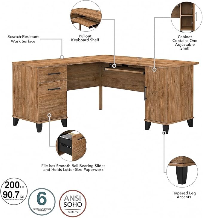 Bush Home Somerset 60W L Shaped Desk with Hutch and 5 Shelf Bookcase in Fresh Walnut