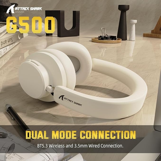 ATTACK SHARK G500 Wireless Over-ear Noise Canceling Headphones,Bluetooth ANC Gaming Headset with BT 5.3/3.5mm Audio Cable,20H Playtime,Hifi Stereo Sound,Deep Bass,Built-in Mic for PC Smartphone(Beige)