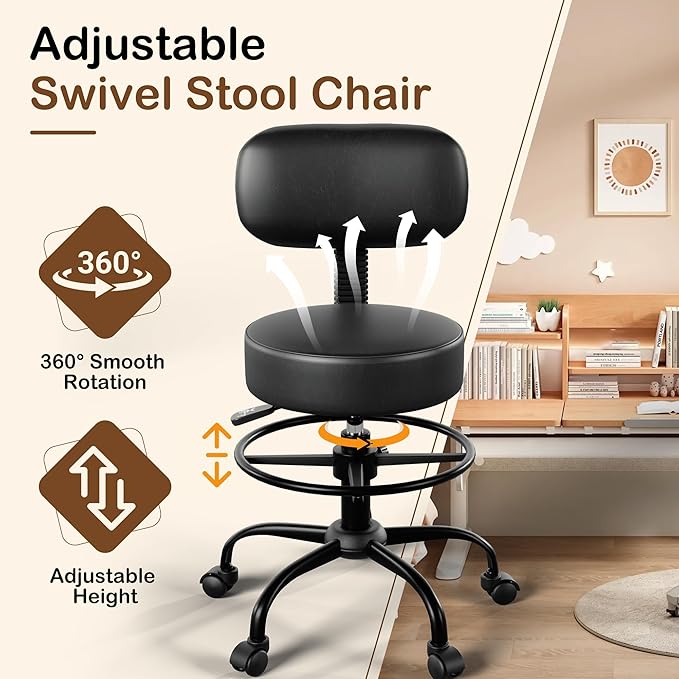 Drafting Chair with Back Support, Adjustable Foot Rest Rolling Stool, 360° Swivel Office Desk Chair with Wheels, Thick Seat Cushion for Home Bar Salon Tattoo Shop (1, Black)