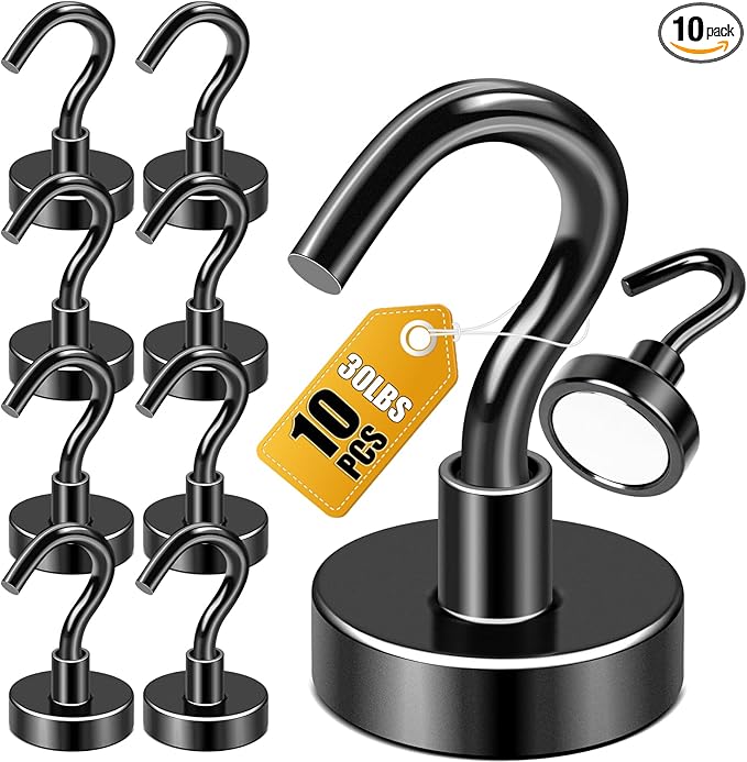 DIYMAG Magnetic Hooks for Hanging, 30lbs 2026 Cruise Cabin Ship Essentials N52 Magnetic Hook Heavy Duty Strong Magnets Fridge for Classroom Beach Kitchen Grills 10 Pack Black