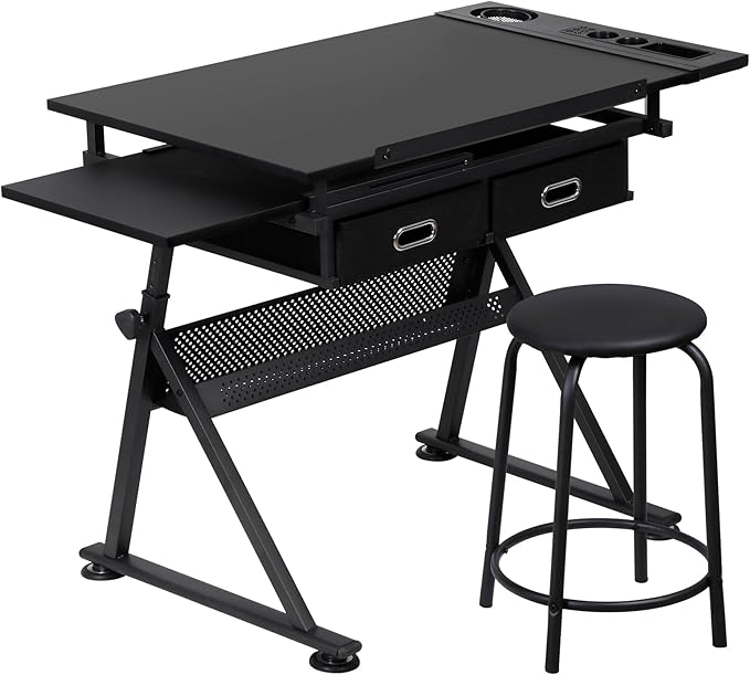 HomGarden Height Adjustable Drafting Desk Drawing Table Art Craft Work Station w/Stool, Storage Drawers for Home Office Study Room, Black
