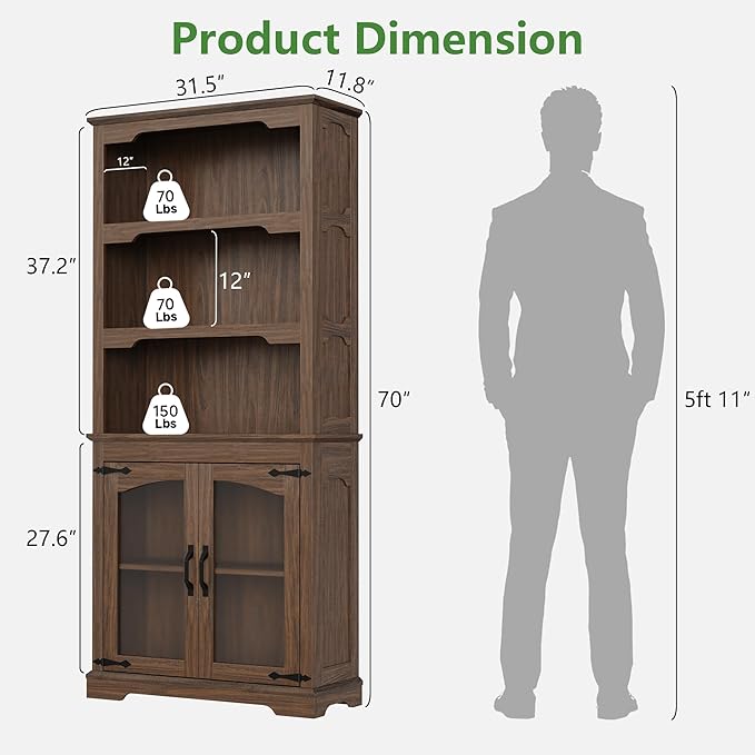 70 Inches Farmhouse Bookcase Bookshelf, Two-Tone Shelves, 5 Tier Bookshelf with Glass Door Storage Arched Trim, Home Office Living Room Storage Cabinet Unit, 31.5x11.8 Inches (Walnut, Glass Doors)